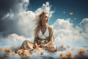 Close up of  a Woman meditating in the clouds with flowers in her hair. Generative AI,