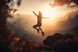 © cfhdesign - silhouette of a person jumping of a large rock with a sunset. Generative Ai.