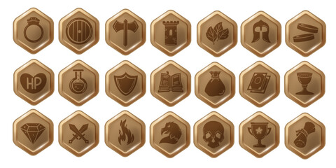 RPG game icon set, hexagon UI badge kit, mobile app button collection, vector health heal sign. Dungeon dragon entertainment concept, skill award, knight sword, magician potion. RPG icon pictogram