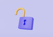 © Nostagrams - Unlocked padlock icon on pastel purple background. Safety, protection, Cyber unlock, encryption, open door purple lock, Private access. security concept. 3d render illustration. Cartoon minimal style