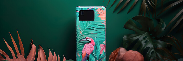 Front view of phone case with tropical bird and green background