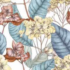 Whimsical seamless pattern with hydrangea flowers. Intricate ornate detailed wallpaper, texture design for gift wrap. Generative AI