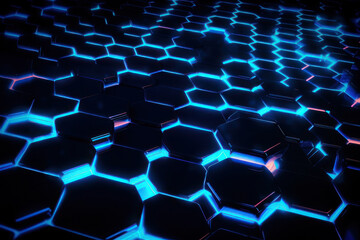 Abstract background. Neon glowing blue honeycombs. AI generative.