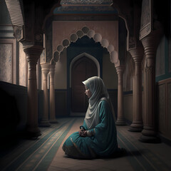 Wall Mural - Moslem Female prayer at Mosque. Generative AI