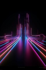 3D render of abstract futuristic neon background with glowing ascending lines.Generative AI