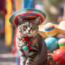 Portrait Of A Cute Cat In A Multicolored Hat. Travel To Latin America Postcard. AI Generated Content.