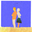 ilustracja grafika mężczyzna i kobieta odwróceni do siebie plecami na niebieskim tle.