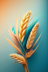 Close-up realistic minimalist bouquet ears of wheat with blue and yellow elements isolated on clean background. Generative AI