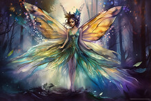 Colorful Fantasy Landscape With Fairy With Giant Wings