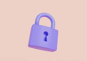 3D cartoon rendering illustration of Purple padlock icon minimal style isolated on pink background. Lock. Locked padlock, restricted access, keyhole, protection privacy, safety. Security concept