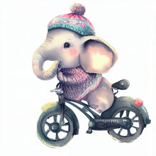 Watercolor Sketch Illustration Of Adorable Knitted Elephant On A Bicycle, Artwork For Children's Book, Digital Art, Concept, Generative AI