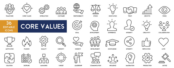 core values icons set vector illustration thin line with editable stroke on white background. teamwork, interaction, innovation, ethics, trust, growth, collaboration, development icons collection.
