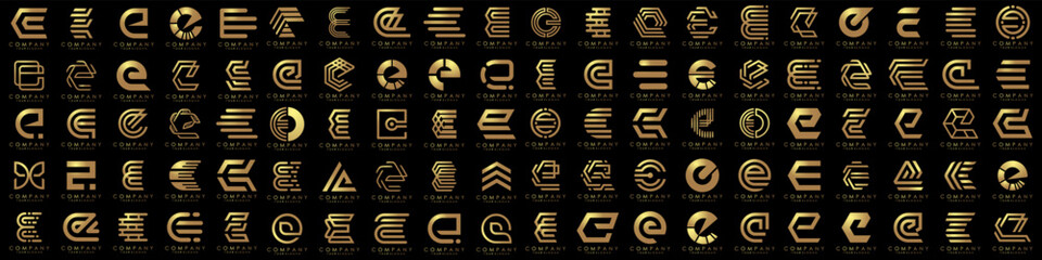 mega collection letters E logo design inspiration. minimalist abstract letter logos with gold color