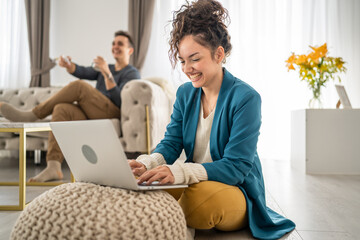 woman use laptop computer at home family work leisure concept