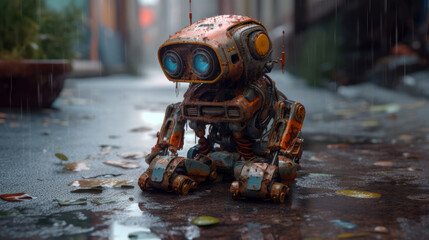 robot old rusty broken on a rain-soaked street (created with Generative AI)