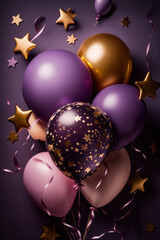 Wall Mural - Party balloon violet background with little golden stars. Illustrator AI Generative