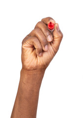 Man holding a red marker in a hand and writing or drawing, isolated on white or transparent background