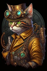  cartoon illustration, cat in steampunk style, ai generative