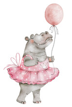 Children's Clipart Composition With Cute Watercolor Hippo In Tutu And Balloon.