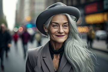 Generative AI illustration of beautiful 60 year old woman with gray hair on the streets of New York.