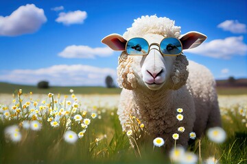 Funny sheep with sunglasses and daisies on the meadow, Generative AI