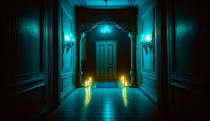 Poster - Hallway with door and some candles. Generative AI.