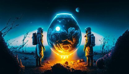 Two astronauts standing in front of glowing egg. Generative AI.