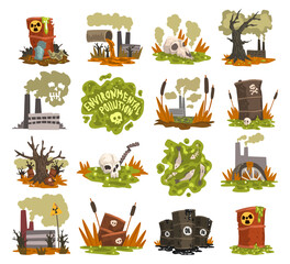 Sticker - Global environmental problems set. Plastic rubbish, pollution of water and air by toxic effluents, industrial oil, nuclear waste, ecological disasters cartoon vector