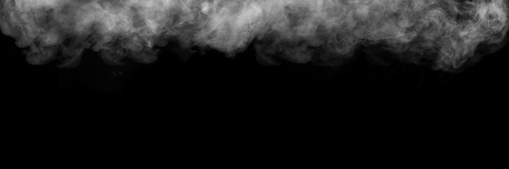 Wall Mural - White horizontal smoke on black background. Dark backdrop, graphic resource for montage, overlay or texture