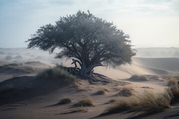  a tree in the middle of a desert with sand dunes in the background and fog in the air above it, with a few clouds in the distance.  generative ai