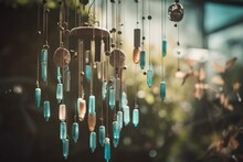  A Wind Chime Hanging From A Tree Filled With Lots Of Blue Glass Beads And Glass Beads Hanging From It's Sides And Sides.  Generative Ai