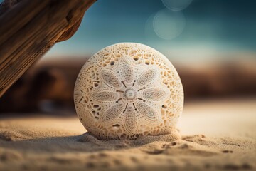 Poster -  a white object sitting on top of a sandy beach next to a wooden pole and a body of water in the background with a blurry sky.  generative ai