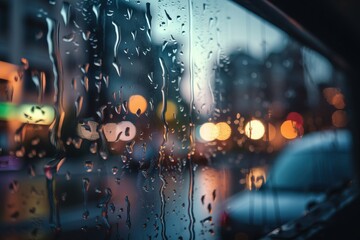  a rain covered window with a view of a city street at night with traffic lights in the background and raindrops on the glass.  generative ai