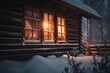  a log cabin with a lit christmas tree in the window and snow on the ground and trees in front of the window and a lit up christmas tree in the window.  generative ai