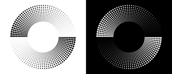 White and black polka dots in a circle as a logo or abstract background. A rotating circle like a loading sign with 2 parts.