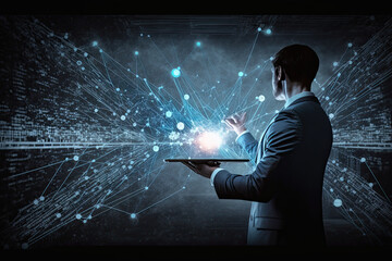 Businessman holding a laptop with network graphics, denoting technology advancement, through data centers, wifi internet, and digital machine telecommunications