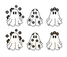 Cute Ghosts With Daisies Vector, Spooky Season, Halloween