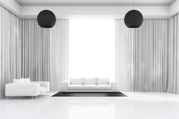  a living room with a white couch and two black lamps hanging from the ceiling and a white rug on the floor with a black rug on the floor.  generative ai