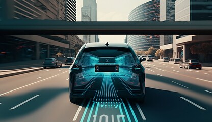 Aerial drone after a futuristic 3D concept car. Autonomous self-driving car moving on a city highway. Visualized AI sensors scan the road ahead for vehicles and pedestrians. back view.