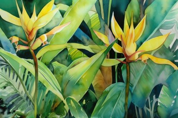 Wall Mural - Discover tropical plants in stunning on diversity. Watercolor Painting. Generative AI