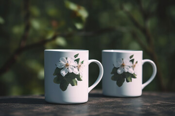  two white coffee mugs with flowers on them sitting on a wooden table in front of a green background with a tree in the foreground.  generative ai