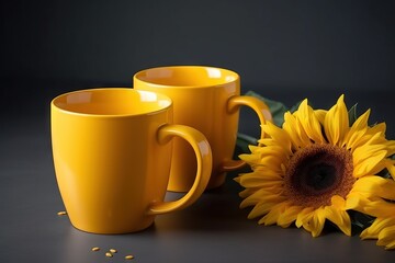  two yellow coffee mugs next to a sunflower on a black background with seeds scattered around them and a single sunflower in the foreground.  generative ai