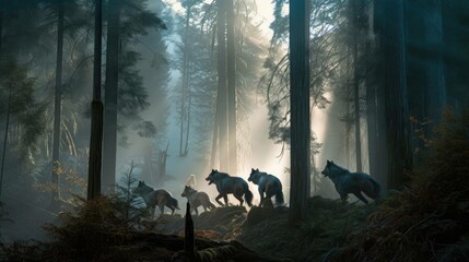  Illustration of a pack of wolves in a misty forest in the morning. Generative AI.