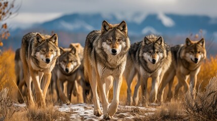 Illustration of a wolf pack in the mountains. Generative AI.