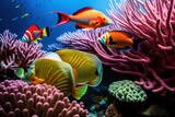 Fototapeta Do akwarium - A flock of tropical fish in a coral reef. Life in the coral reef underwater. Wildlife concept of ecological environment. Generative AI