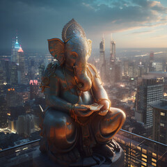 Ganesha god statue on a background of futuristic city. AI generated content.