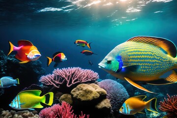 A flock of tropical fish in a coral reef. Life in the coral reef underwater. Wildlife concept of ecological environment. Generative AI