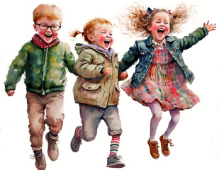 Wall Mural - Three children jumping with joy, smiling kids, spring season, isolated on white, watercolor digital painting. Generative AI