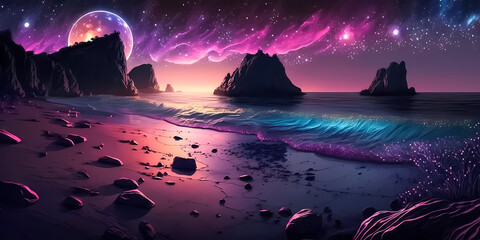 Wall Mural - night seascape, glowing sky with moon, beautiful beach, rocks seashore, horizontal background. gener