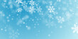 © SunwArt - Random falling snow flakes wallpaper. Snowfall dust freeze granules. Snowfall sky white teal blue background. Many snowflakes february vector. Snow nature scenery.